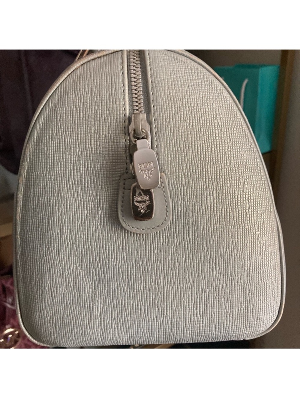 AUTHENTIC MCM 🩶Silver Studded Saffiano leather Boston Handbag EUC - Picture 11 of 16